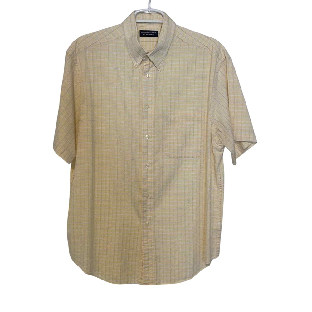 Roundtree & Yorke Mens Large Yellow Blue Plaid Short Sleeve Button Down Shirt L‎
